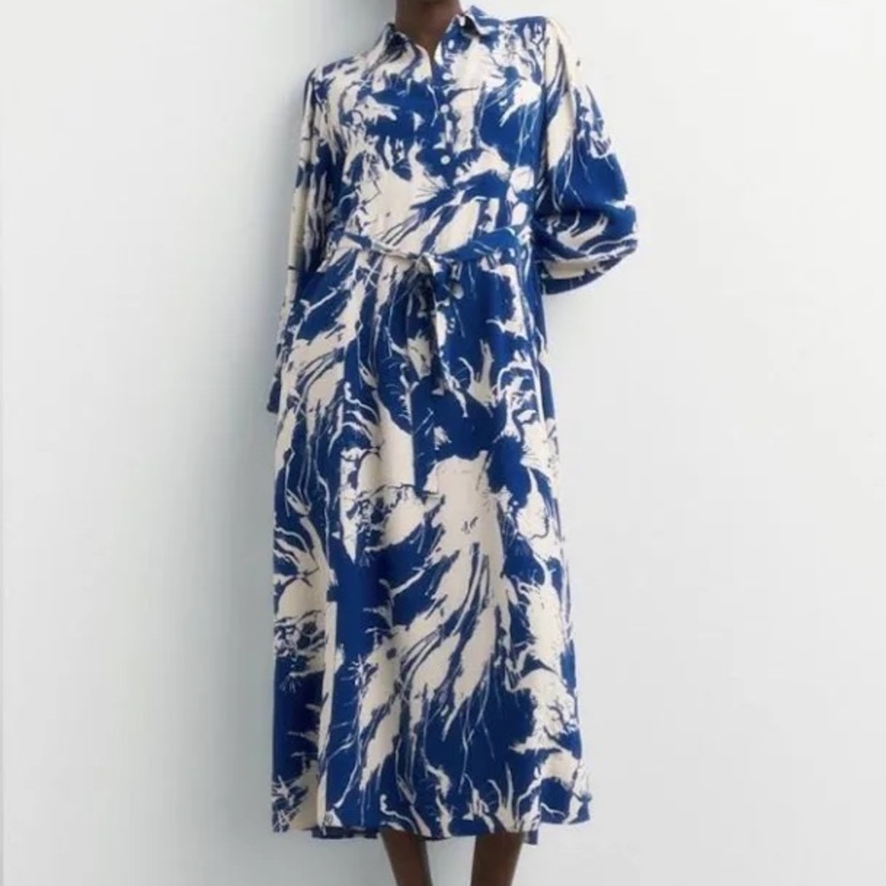 Midi Shirt Dress in Blue Print with collar, belted waistline, and elastic cuffs